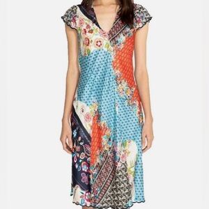 Johnny Was Asymmetrical Floral Dress in Blue and Red